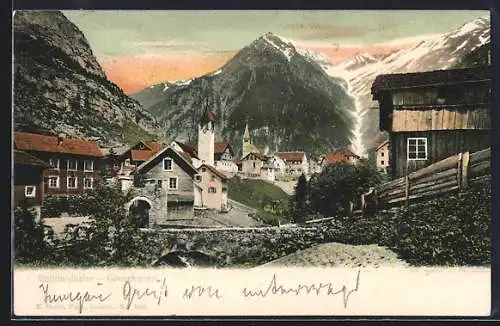 AK Goeschenen /Gotthardbahn, Ortspartie mit Kirche und Bergen