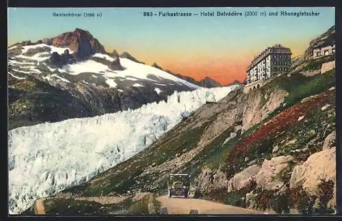 AK Furkastrasse, Hotel Belvédère und Rhonegletscher