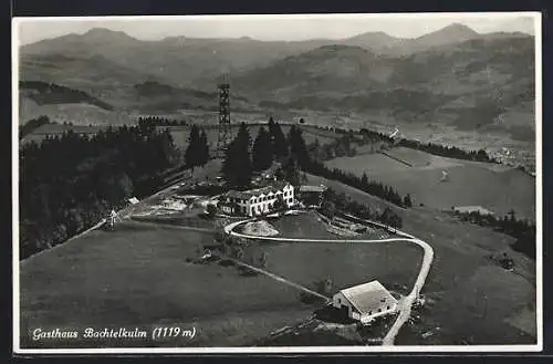 AK Wernetshausen, Bachtelkulm, Gasthaus v. Karl Späni vom Flugzeug aus