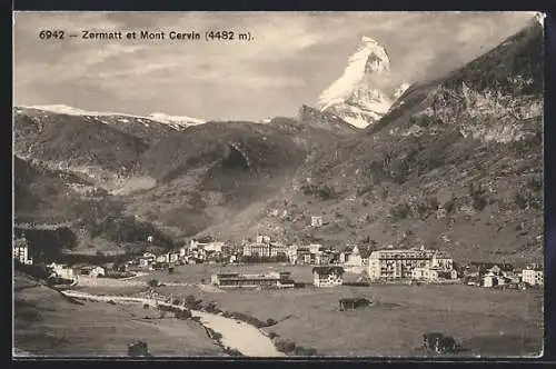 AK Zermatt, Ortsansicht mit Mont Cervin