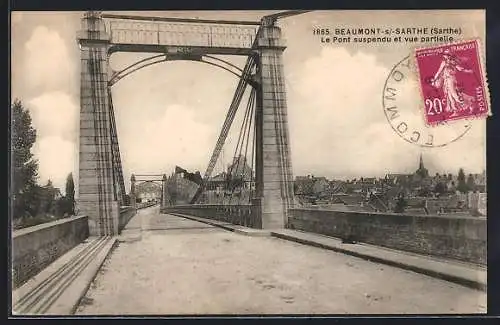 AK Beaumont-s-Sarthe, Le Pont suspendu et vue partielle
