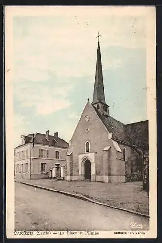 AK Marigne /Sarthe, La Place et l`Eglise