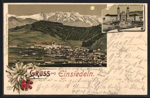 Lithographie Einsiedeln, Panorama vom Ort mit Ansicht vom Kloster