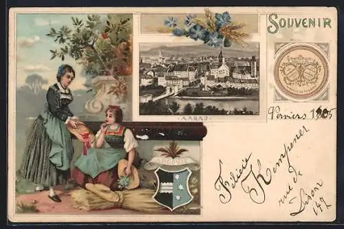 Lithographie Aarau, Reklame für Suchard Chocolat Suisse, Panorama, Frauen in Tracht