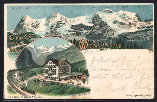 Lithographie Wengernalp, Hausansicht mit Bergbahn, Panorama mit Mönch, Schneehorn, Jungfrau