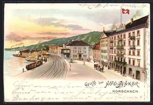 Lithographie Rorschach, Hotel Anker im Dämmerungslicht mit Dampfer