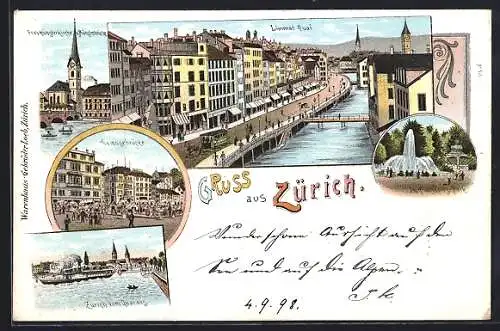 Lithographie Zürich, Limmat Quai, Gemüsebrücke, Fraumünsterkirche