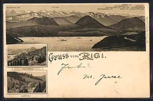 Lithographie Rigi-Kaltbad, Seeblick mit Bergpanorama