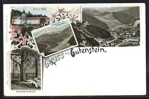 Lithographie Gutenstein, Maria Hilf, Klosterthal mit Schneeberg, Raimund Denkmal, Panorama