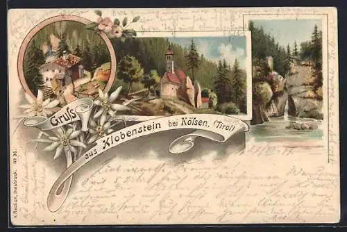 Lithographie Kössen /Tirol, Maria Klobenstein, Ortsansicht mit Kirche, Edelweiss