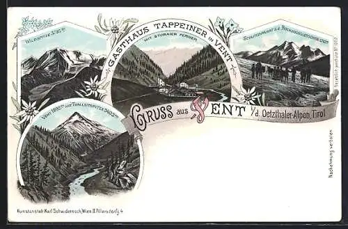 Lithographie Vent i. d. Oetzthaler Alpen, Gasthaus Tappeiner, Wildspitze, Schlittenfahrt ü. d. Hochjochgletscher