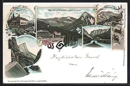 Lithographie Gstatterboden im Gesäuse, Hotel und Bahnhof Gstatterboden mit Tamischbachturm, Ennsthaler Hütte, Hess-Hütte