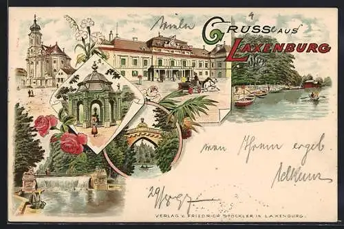 Lithographie Laxenburg, Grünes Lusthaus, Bauer Hof, Hohe Brücke, Stappelplatz und Kirche