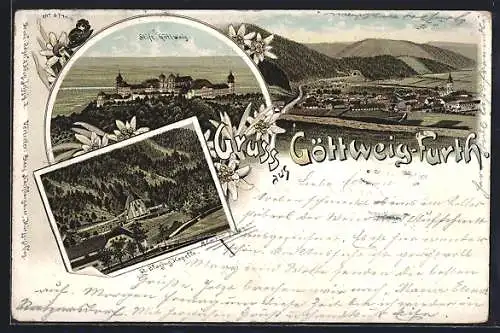 Lithographie Göttweig-Furth, St. Blasius Kapelle, Totalansicht vom Stift