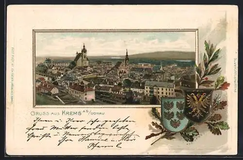 Passepartout-Lithographie Krems a.d. Donau, Ortsansicht, Wappen