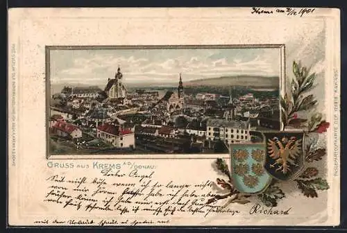 Passepartout-Lithographie Krems a.d. Donau, Ortsansicht, Wappen