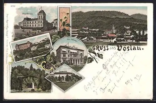 Lithographie Vöslau, Ortsansicht mit Kirche, Hotel Hallmayer, Hotel Zwirschütz