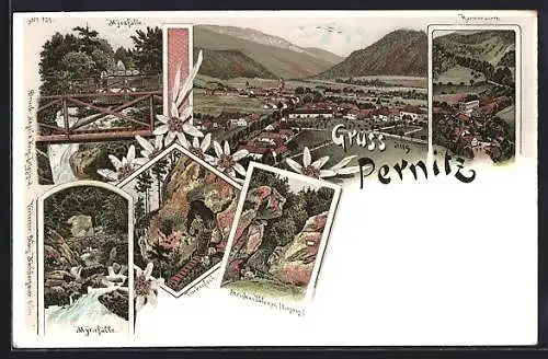 Lithographie Pernitz, Gasthaus Karnerwirt, Türkenjoch, Myrafälle