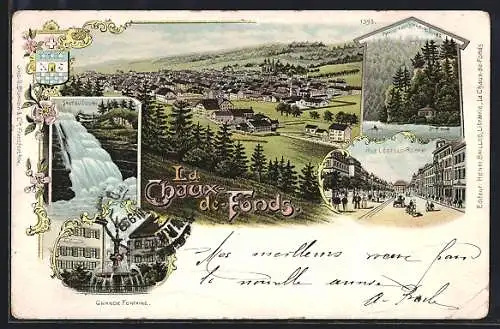 Lithographie Chaux-de-Fonds, Rue Leopold-Robert, Grand Fontaine, Saut du doubs