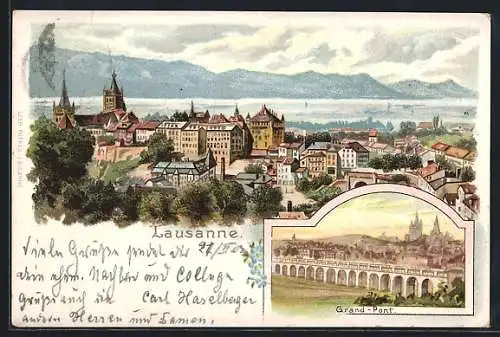 Lithographie Lausanne, Gesamtansicht, Grand-Pont