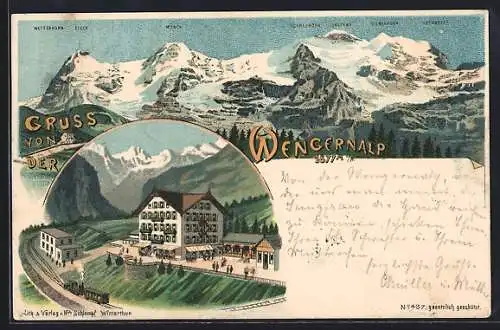 Lithographie Wengernalp, Hausansicht mit Bergbahn, Panorama mit Mönch, Schneehorn, Jungfrau