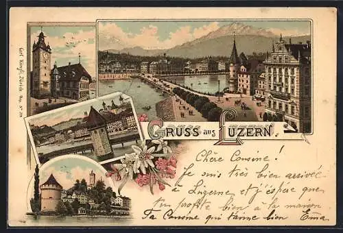 Lithographie Luzern, Orstansicht, Rathaus, Brücke, Burg, Blumen