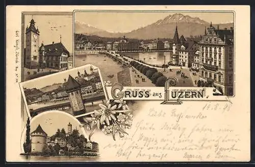 Lithographie Luzern, Verschiedene Eindrücke der Stadt, Holzbrücke