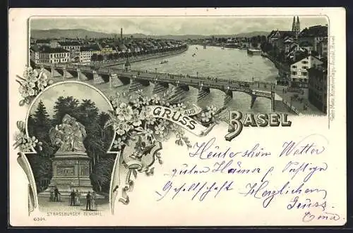 Lithographie Basel, Rheinbrücke, Strassburger Denkmal