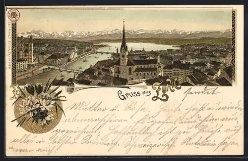 Lithographie Zürich, Gesamtansicht mit Quai, Brücken und Züricher See