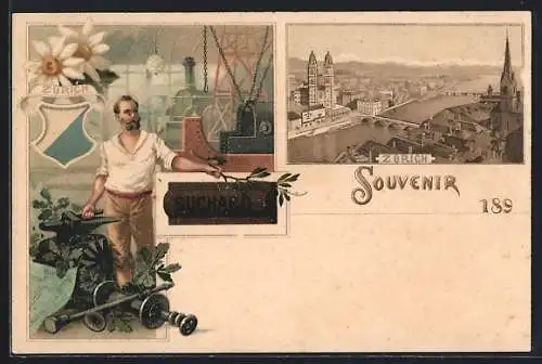 Lithographie Zürich, Kakao Suchard, Schmied mit seinem Werkzeug, Ortsansicht, Wappen