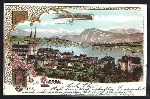 Lithographie Luzern, Teilansicht mit See und Alpen