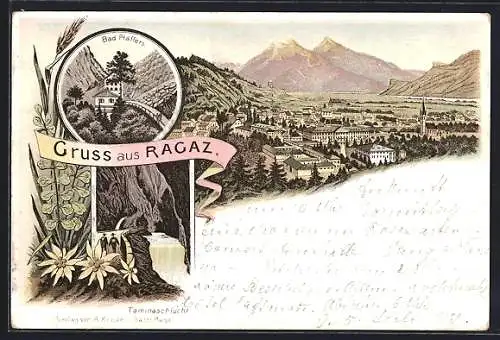 Lithographie Ragaz, Ortsansicht, Bad Pfäffers, Taminaschlucht