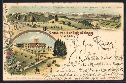 Lithographie Scheidegg, Blick zum Ort, Gebirgspanorama mit Glärnisch und Faulen, Kühe