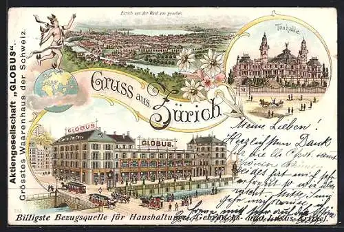 Lithographie Zürich, Haus Globus mit Pferdebahnen, Tonhalle