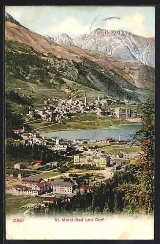 AK St. Moritz-Bad, Ortsansicht mit Dorf und See