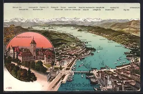 AK Zürich, Schweiz. Landesmuseum, Züricher See mit Umgebung, Landkarte, Gebirgspanorama