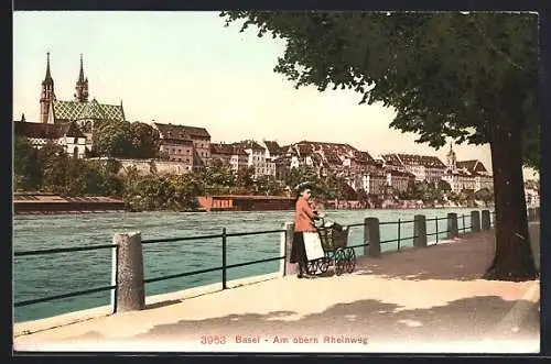 AK Basel, Mädchen am obern Rheinweg