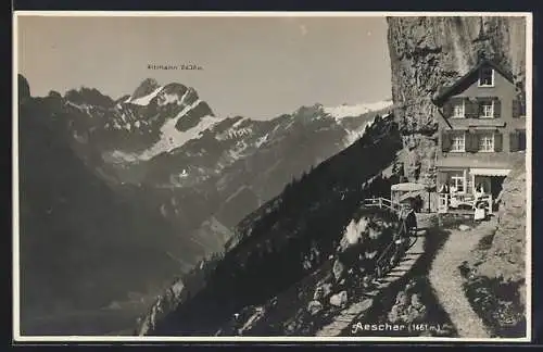 AK Aescher, Gasthaus Aescher Wildkirchl mit Blick auf den Altmann