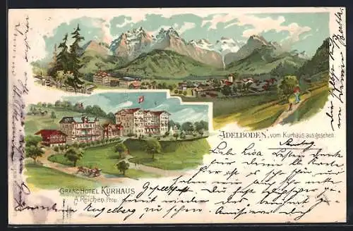 Lithographie Adelboden, Ausblick auf den Ort und Grand Hotel Kurhaus