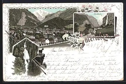 Lithographie Interlaken, Panorama, Wasserfall Staubbach & Giessbach