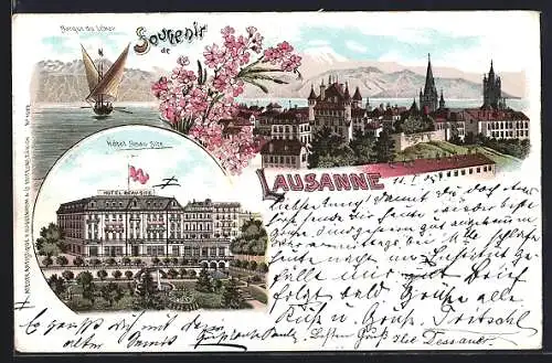 Lithographie Lausanne, Hotel Beau-Site, Barque du Léman