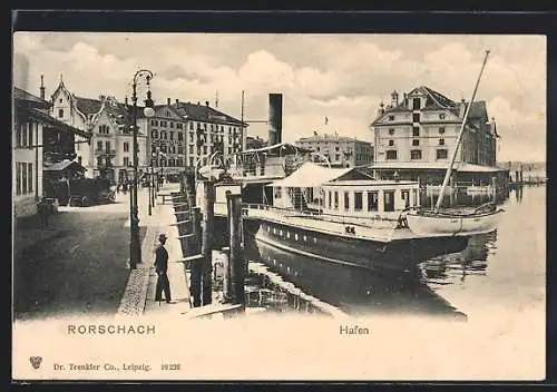 AK Rorschach, Hafen mit Hotel Hirschen im Hintergrund