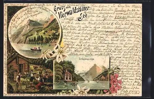 Lithographie Sisikon, Die Tellskapelle am Vierwaldstättersee, Rütli