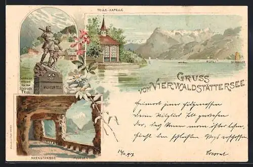Lithographie Tellskapelle /Vierwaldstättersee, Tell-Denkmal & Axenstrasse bei Flüelen
