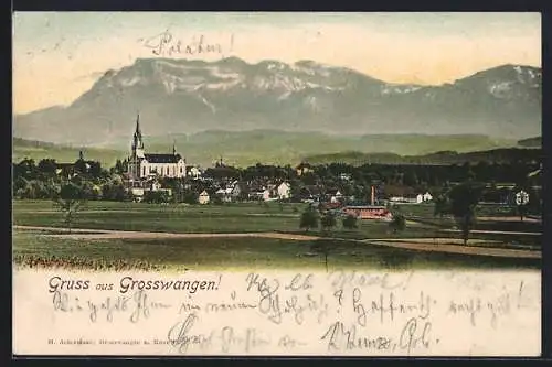 AK Grosswangen, Gesamtansicht mit der Kirche gegen die Berge