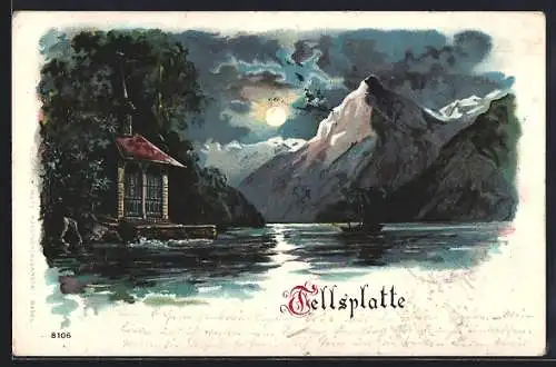 Lithographie Sisikon, Tellsplatte mit Tellskapelle