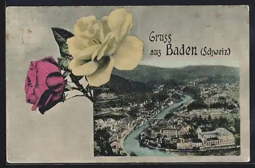 AK Baden, Gesamtansicht vom Berg aus im Passepartout mit Blumen