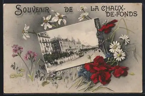 AK Chaux-de-Fonds, Ortspartie mit Strassenbahn im floralen Passepartout