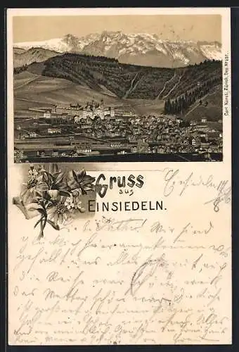 Lithographie Einsiedeln, Otsansicht mit Alpenpanorama