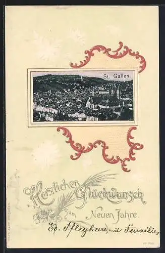 Präge-AK St. Gallen, Teilansicht mit Kirche, Neujahrsgruss